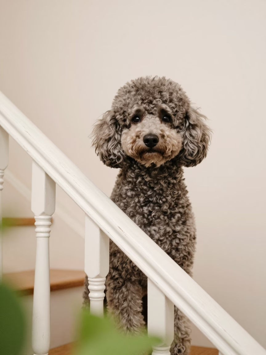 Poodle Portrait with Foreground Bokeh in Palma Studio in in a quiet portrait studio with a plain backdrop and eye-level framing in Palma