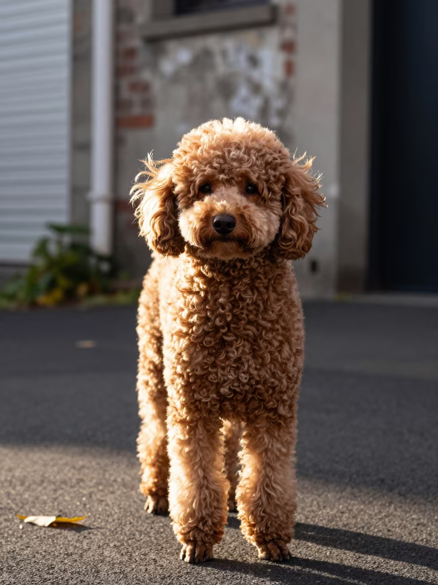 Poodle Portrait with Textured Coat in Auckland in near a garden edge with soft morning light and an uncluttered background in Karangahape Road, Auckland