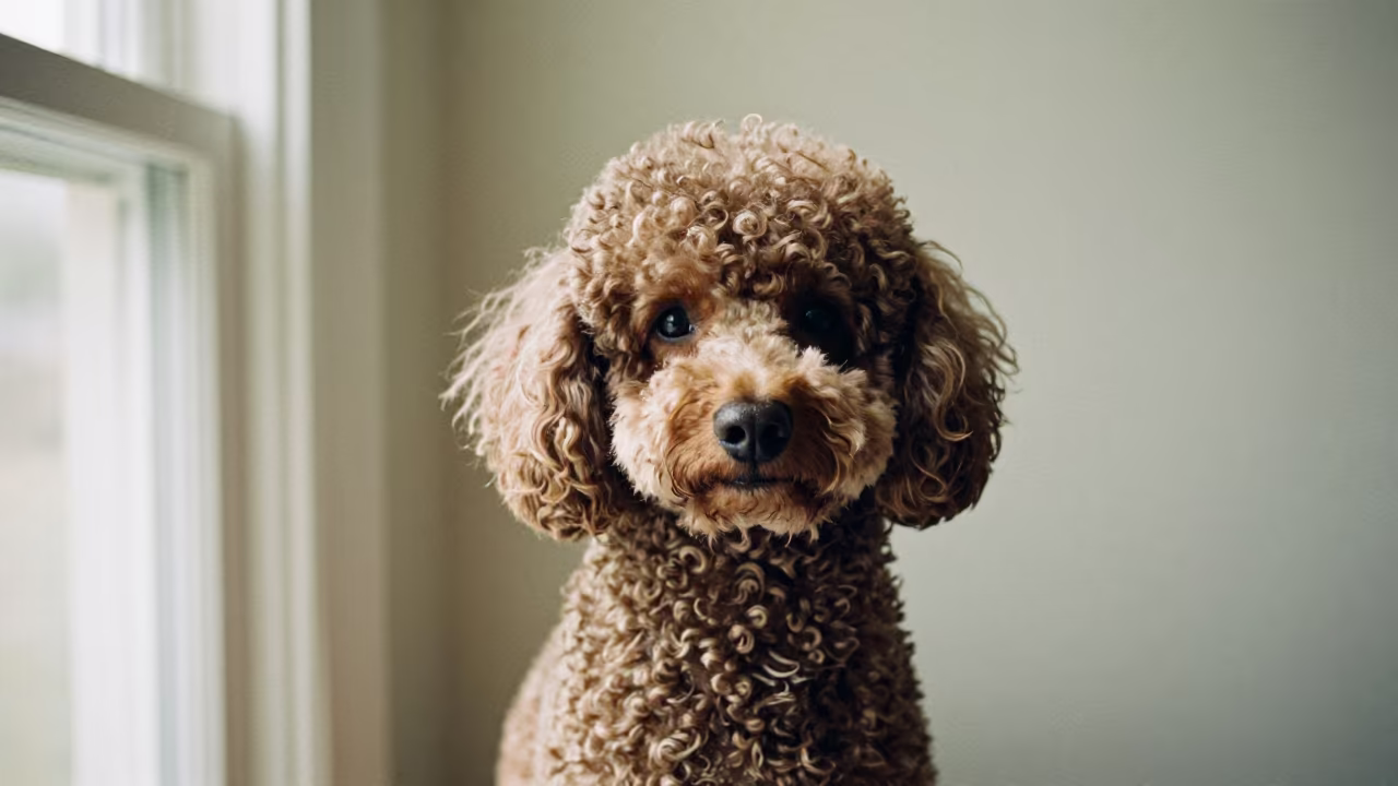 Poodle Portrait With Weathered Dignity in Indoor Light in beside a plain plaster wall in soft indoor light with the animal centered in frame near Eluru