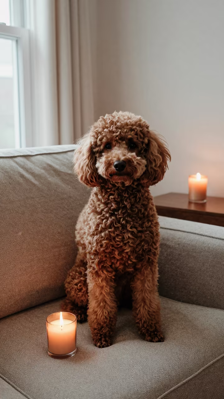 Poodle Portrait with Weathered Dignity on Sofa in on a sofa near a curtained window with calm indoor light in Calgary