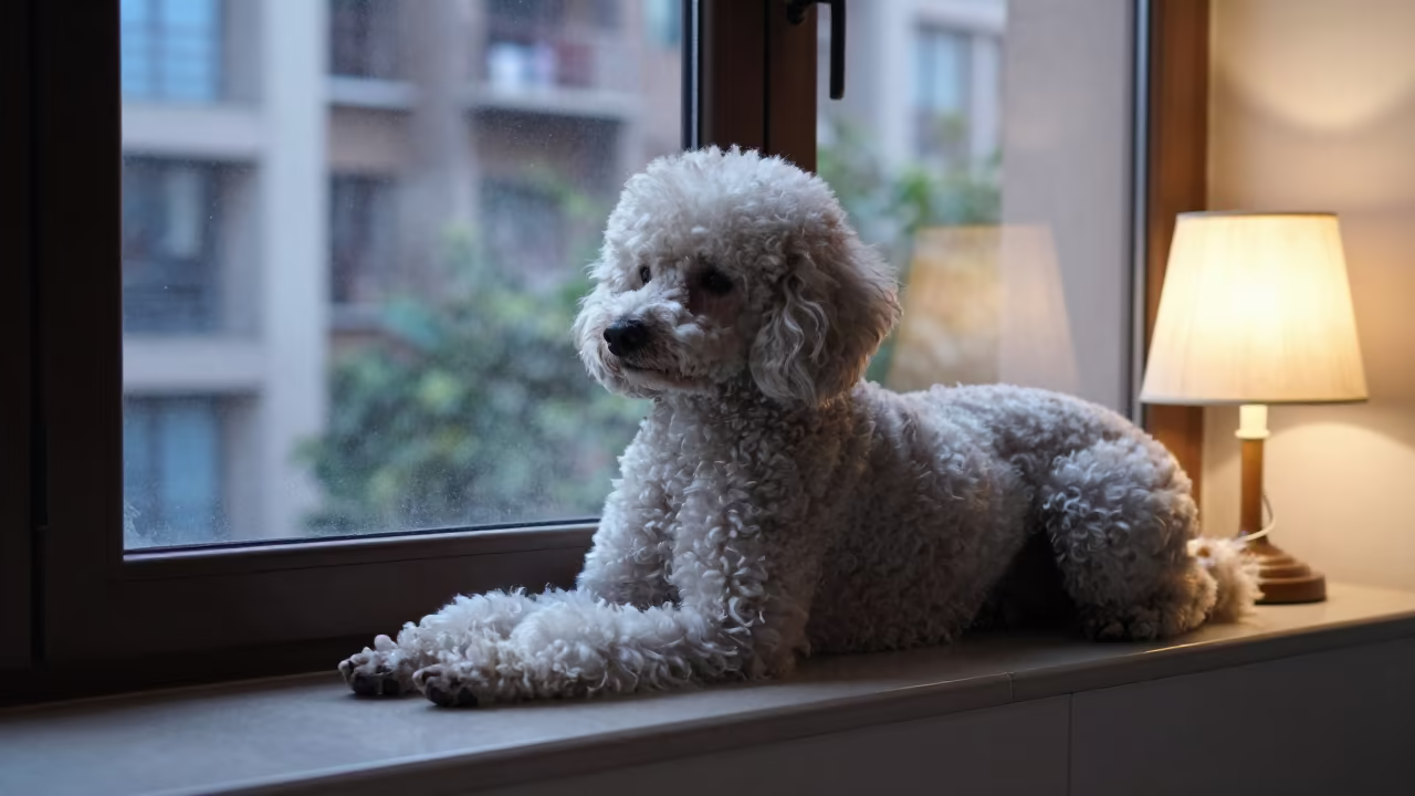 Poodle Twilight Window Seat Prayagraj in on a window seat in a quiet apartment with soft side light in Prayagraj