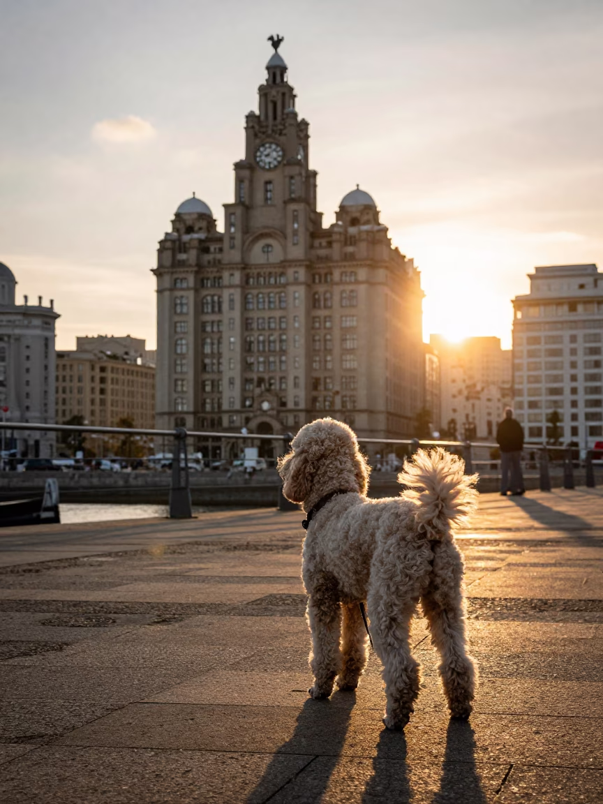 Poodle Walking in Liverpool at Golden Hour in in Liverpool, United Kingdom