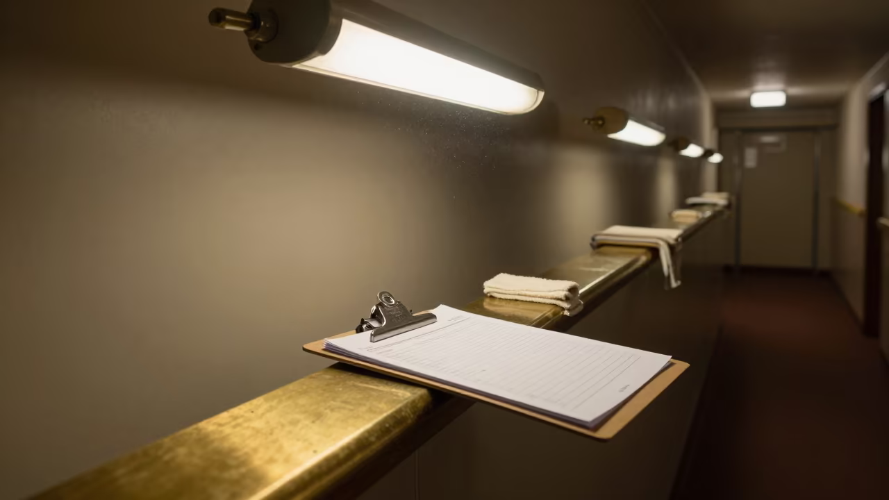 Pool Chemistry Log Clipboard in Lobby Corridor in in a quiet guest corridor near Brazzaville