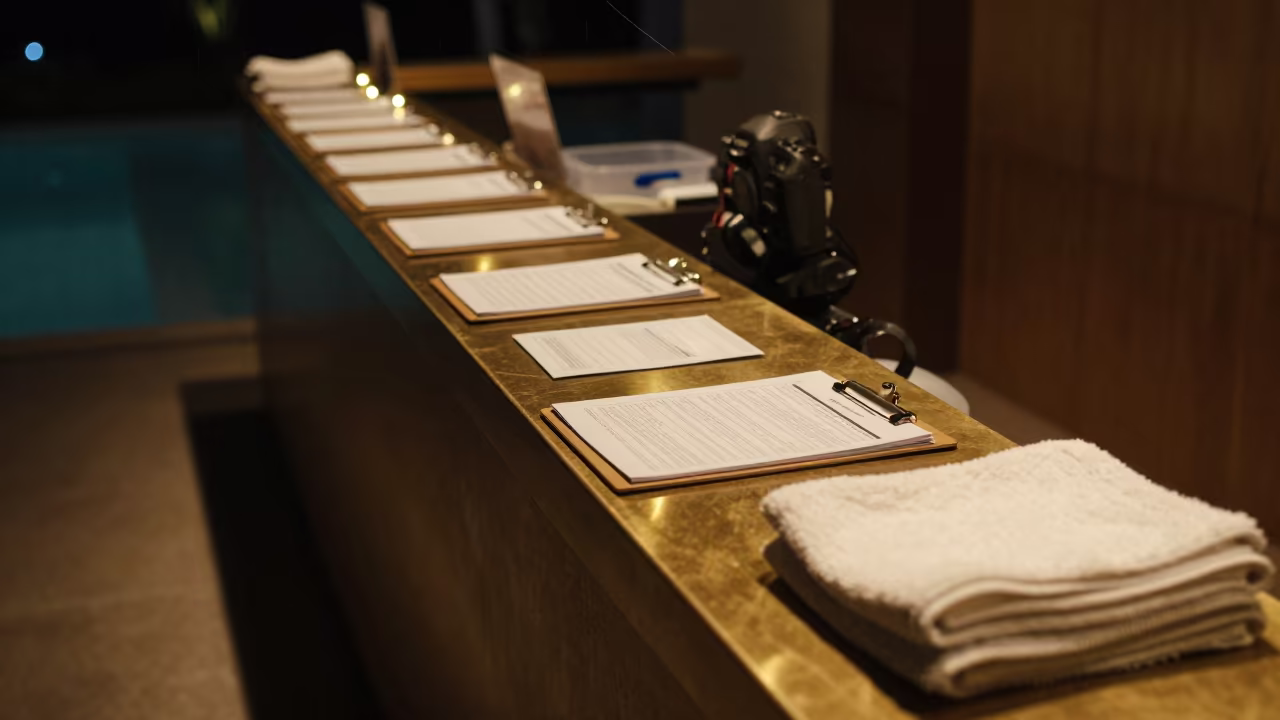 Pool Chemistry Log Clipboard in Spa Lobby Night in inside a spa reception in Jamnagar