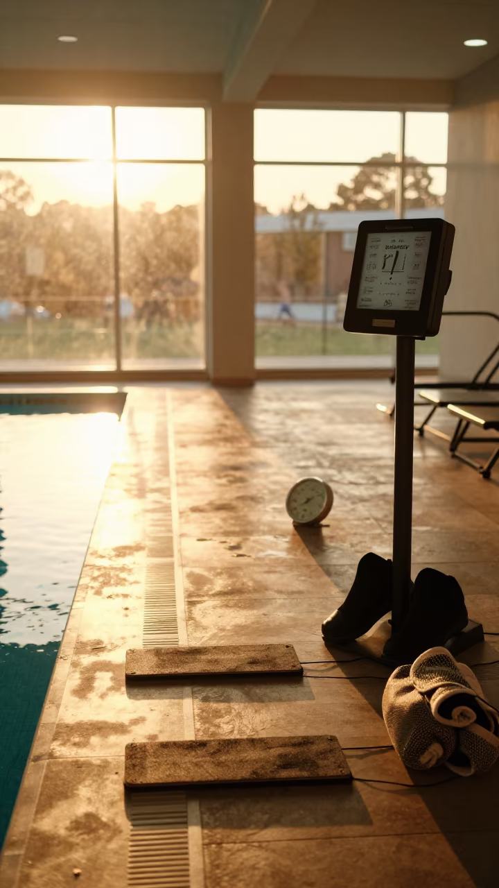 Pool Deck Timing Station Before Session in inside a yoga studio before the session begins in Khuzdar