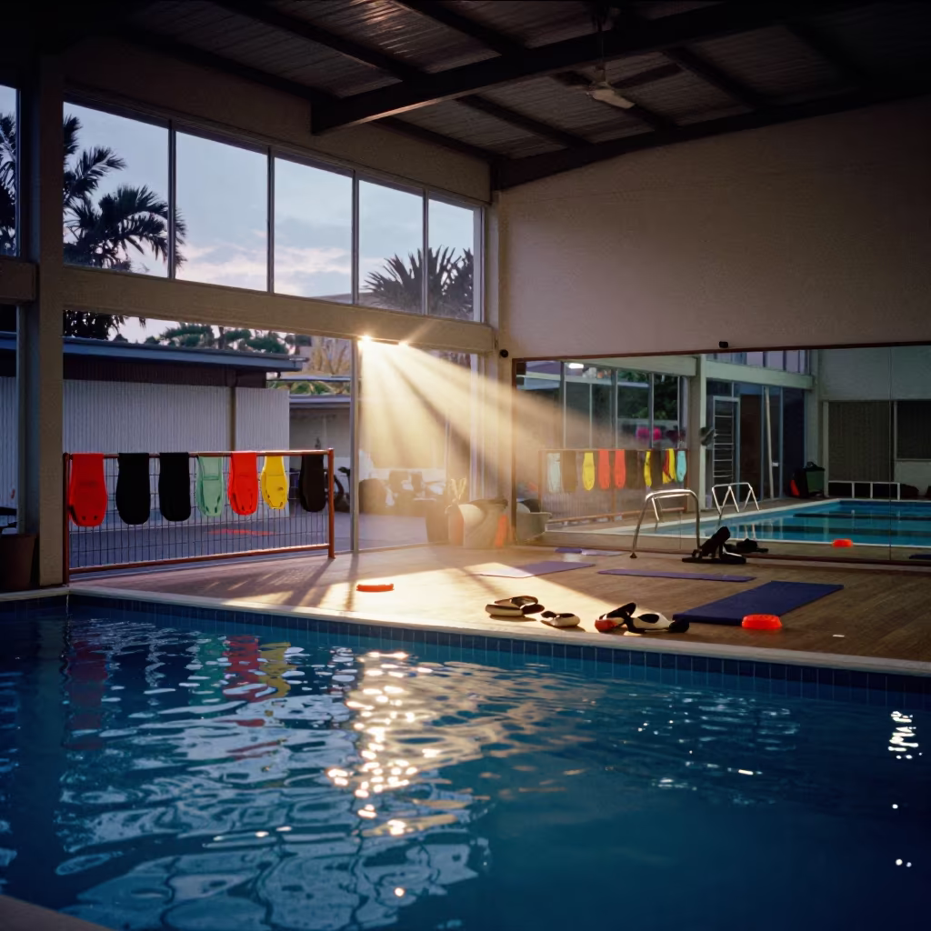 Pool Kickboard Drying Fence Before Club Opens in inside a yoga studio before the session begins in Gold Coast