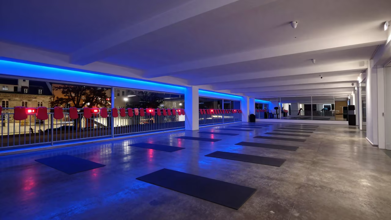 Pool Kickboard Drying Fence Before Morning Session in inside a yoga studio before the session begins in Nantes