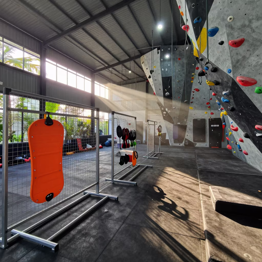Pool Kickboard Drying Fence Late Afternoon Gym in inside a climbing gym warmup zone near Lombok