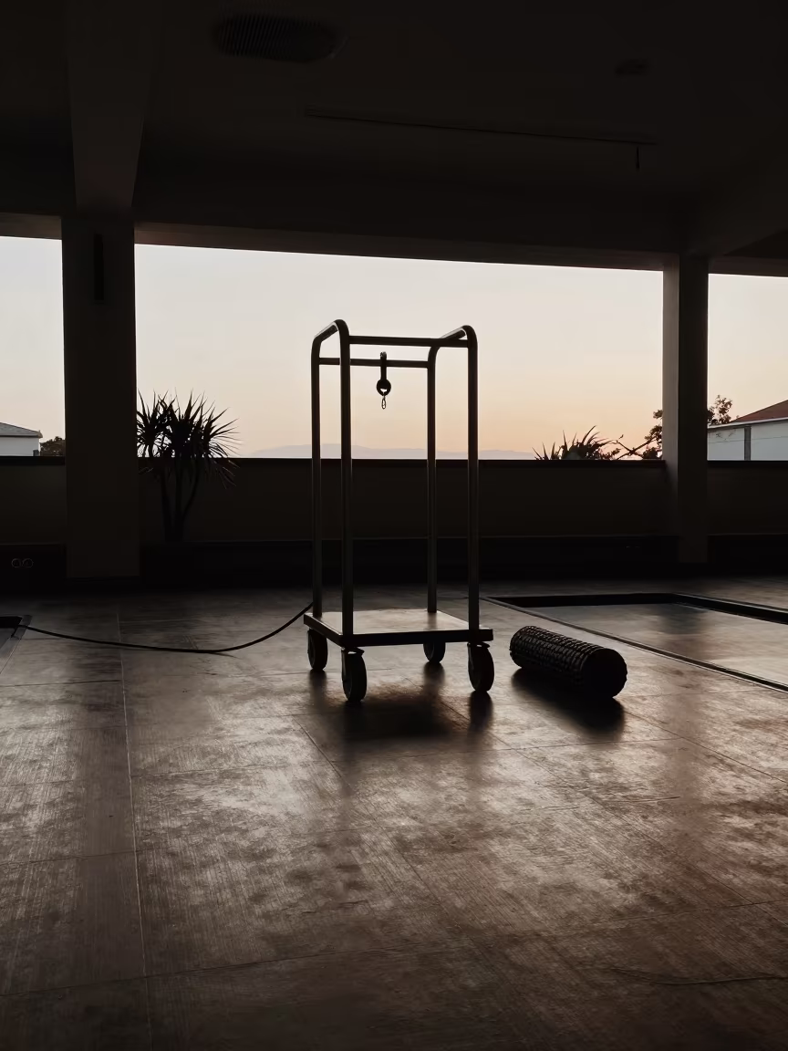 Pool Lane Rope Cart Silhouetted in Predawn Light in inside a recovery lounge beside foam rollers in Guadalajara