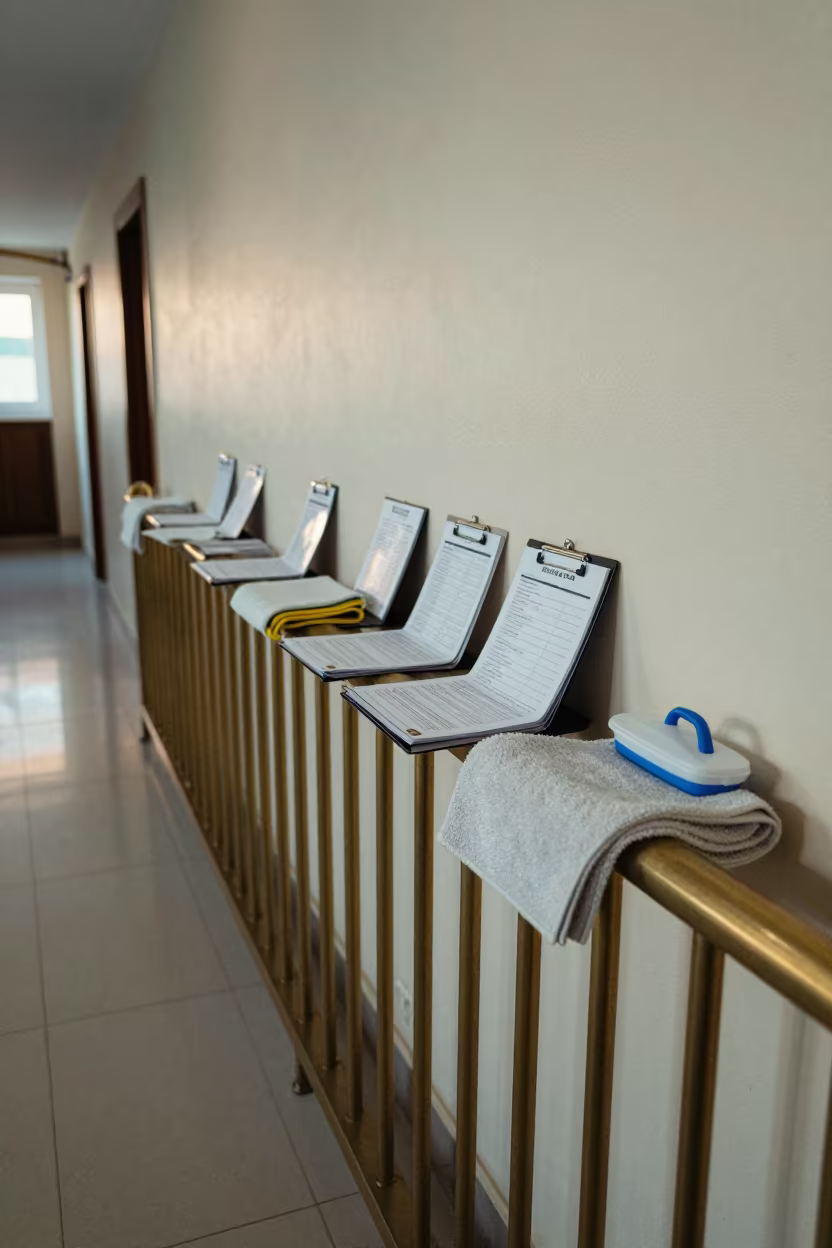 Pool Log Clipboard in Dawn Hotel Corridor in in a quiet guest corridor near Khenchela