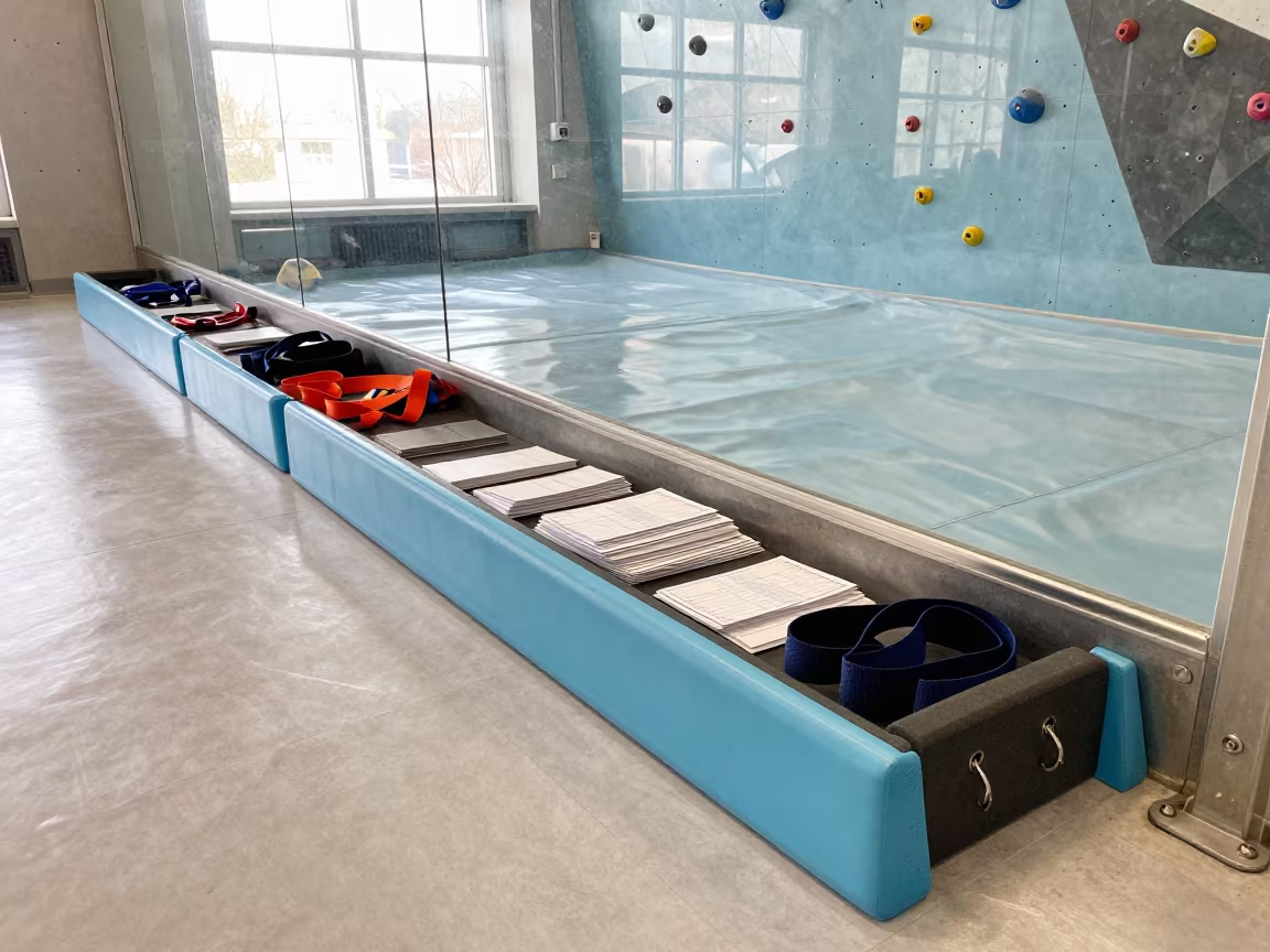 Pool Noodle Bin in Quebec Climbing Gym in inside a climbing gym warmup zone in Quebec City