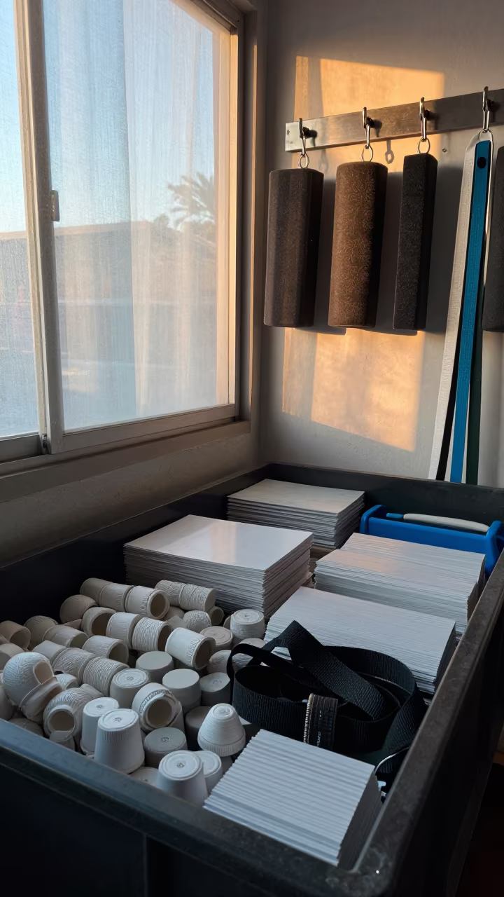 Pool Noodle Bin Under Sunrise Natatorium Light in inside a strength room in El Calafate