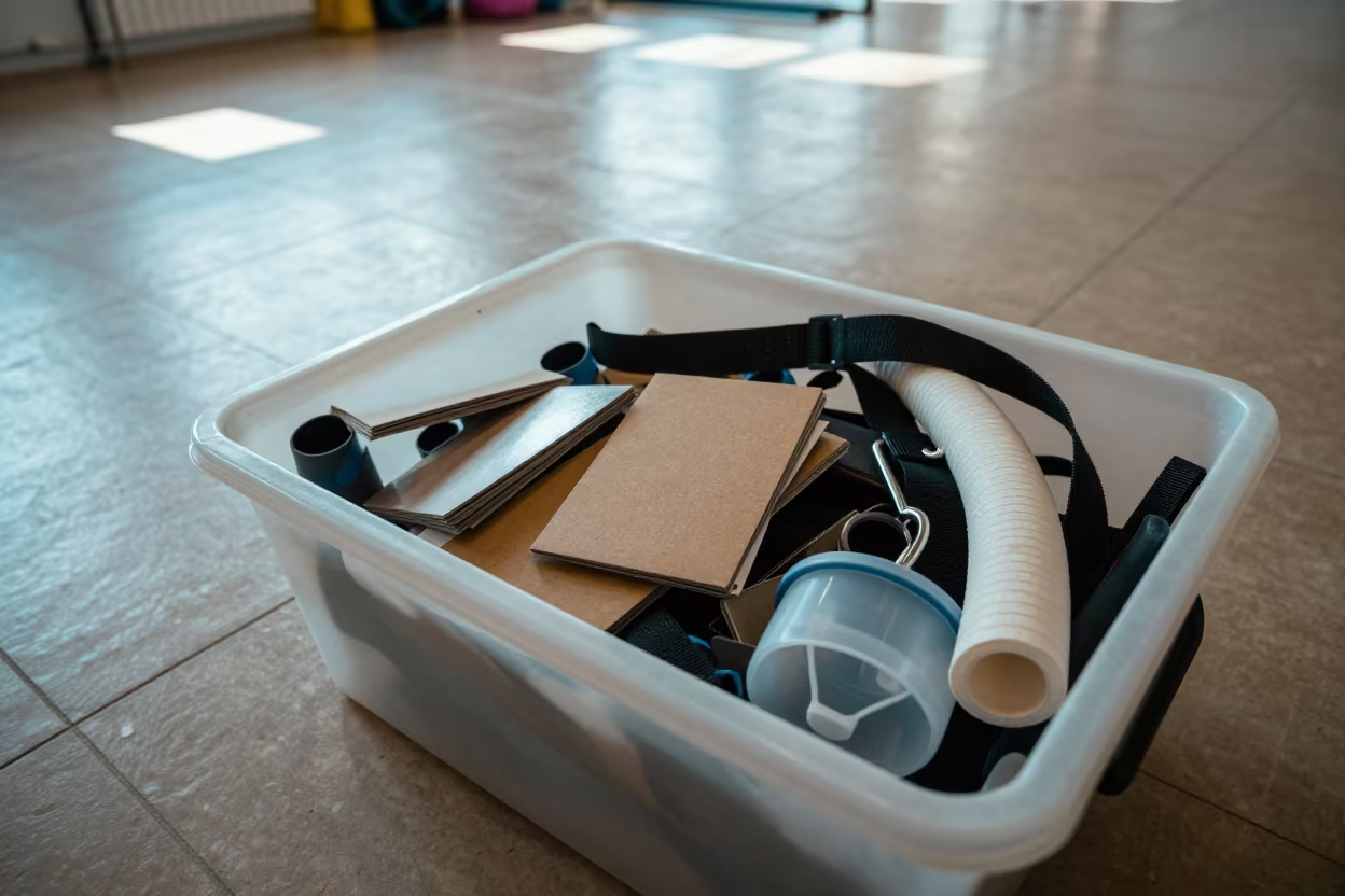 Pool Noodle Bin in Yerevan Spin Studio in inside a spin studio under class lights in Yerevan