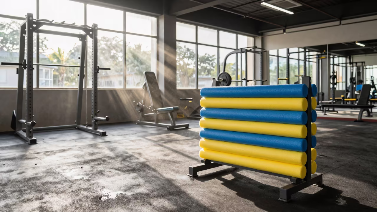 Pool Noodle Rack in Manta Strength Room Afternoon in inside a strength room near Manta