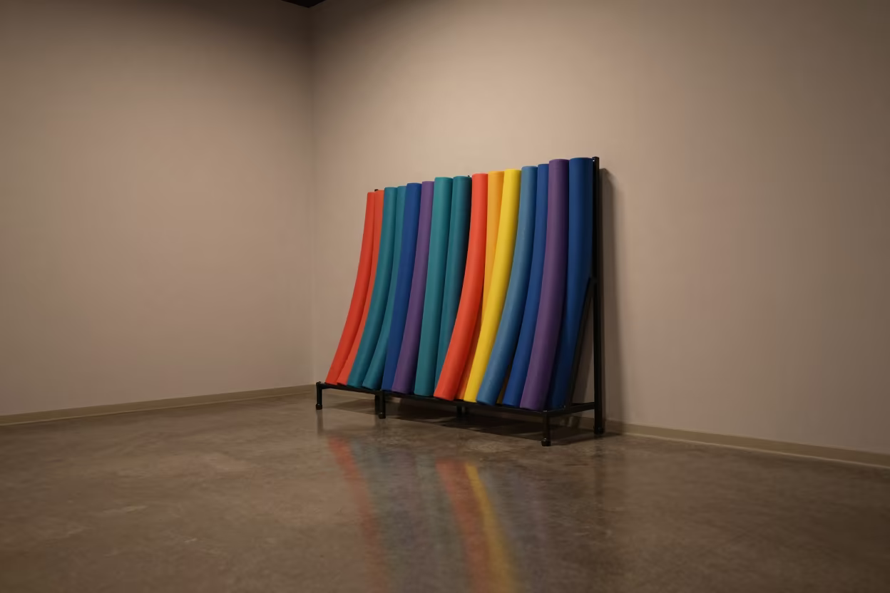 Pool Noodle Rack After Spin Class in Leipzig in inside a spin studio under class lights near Leipzig