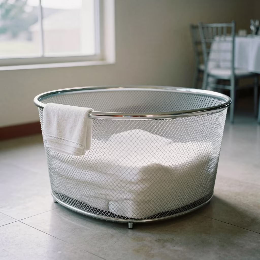 Pool Towel Bin in Banquet Hall Midmorning in inside a banquet hall before service in Ciudad del Este