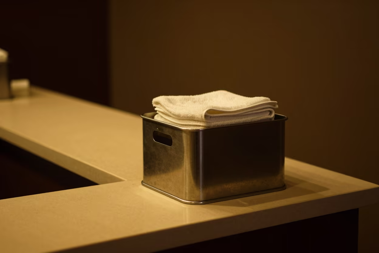 Pool Towel Bin at Night in Ibadan Hotel in at a reception desk under warm light in Ibadan