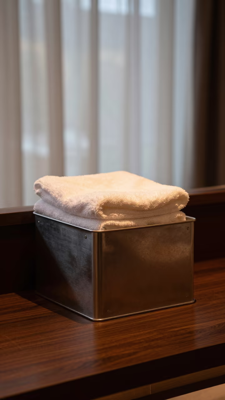 Pool Towel Bin Under Warm Hotel Light Hangzhou in at a reception desk under warm light near Hangzhou