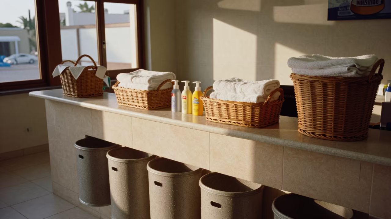 Pool Towel Station with Wicker Baskets After Event in at a reception desk under warm light near Tobruk