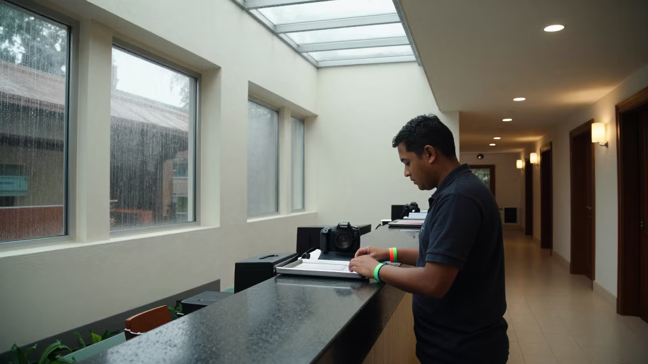 Pool Wristband Tin in Pretoria Corridor in in a quiet guest corridor near Pretoria