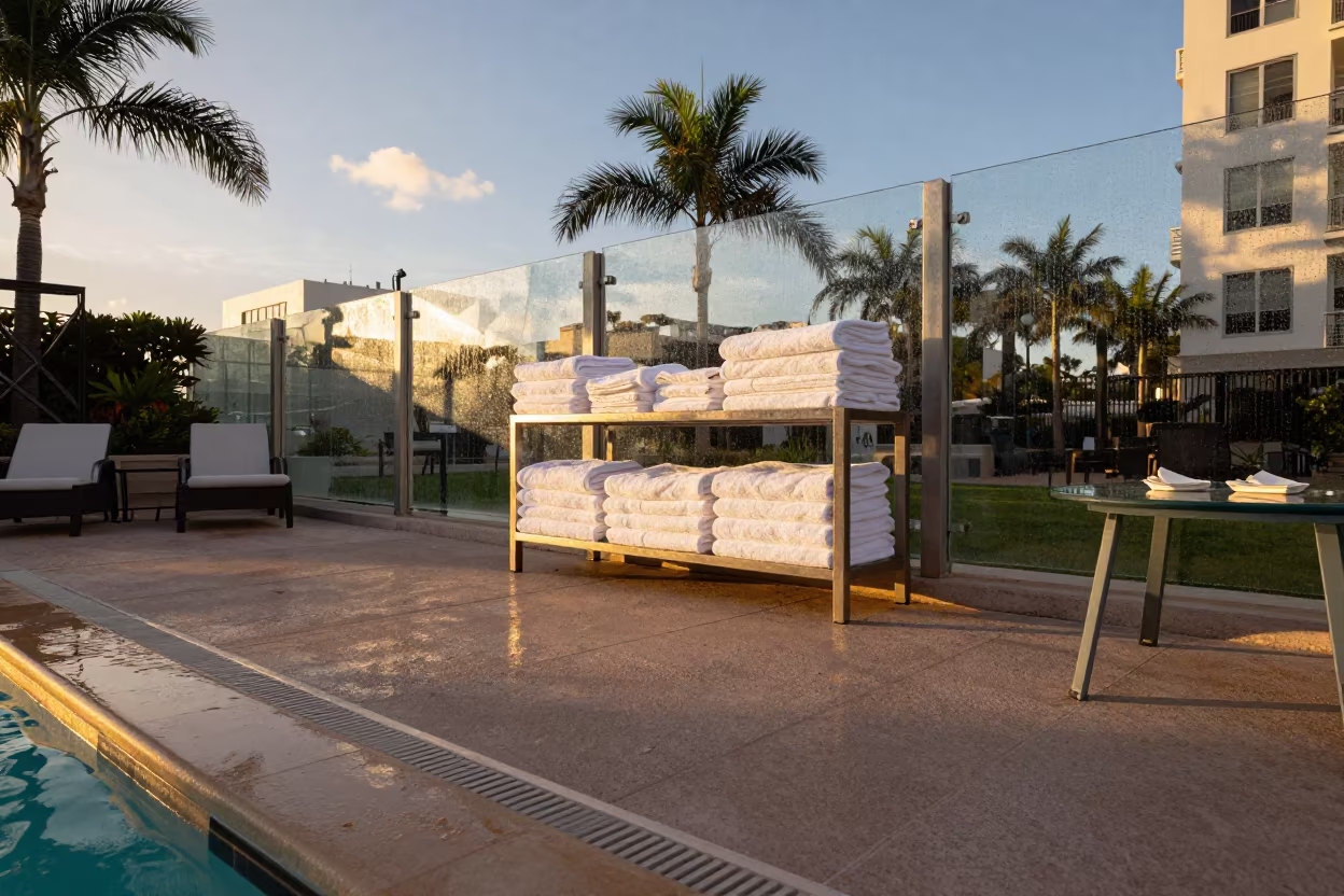 Poolside Towel Station After Summer Squall Golden Hour in on a resort pool deck near South Beach, Miami