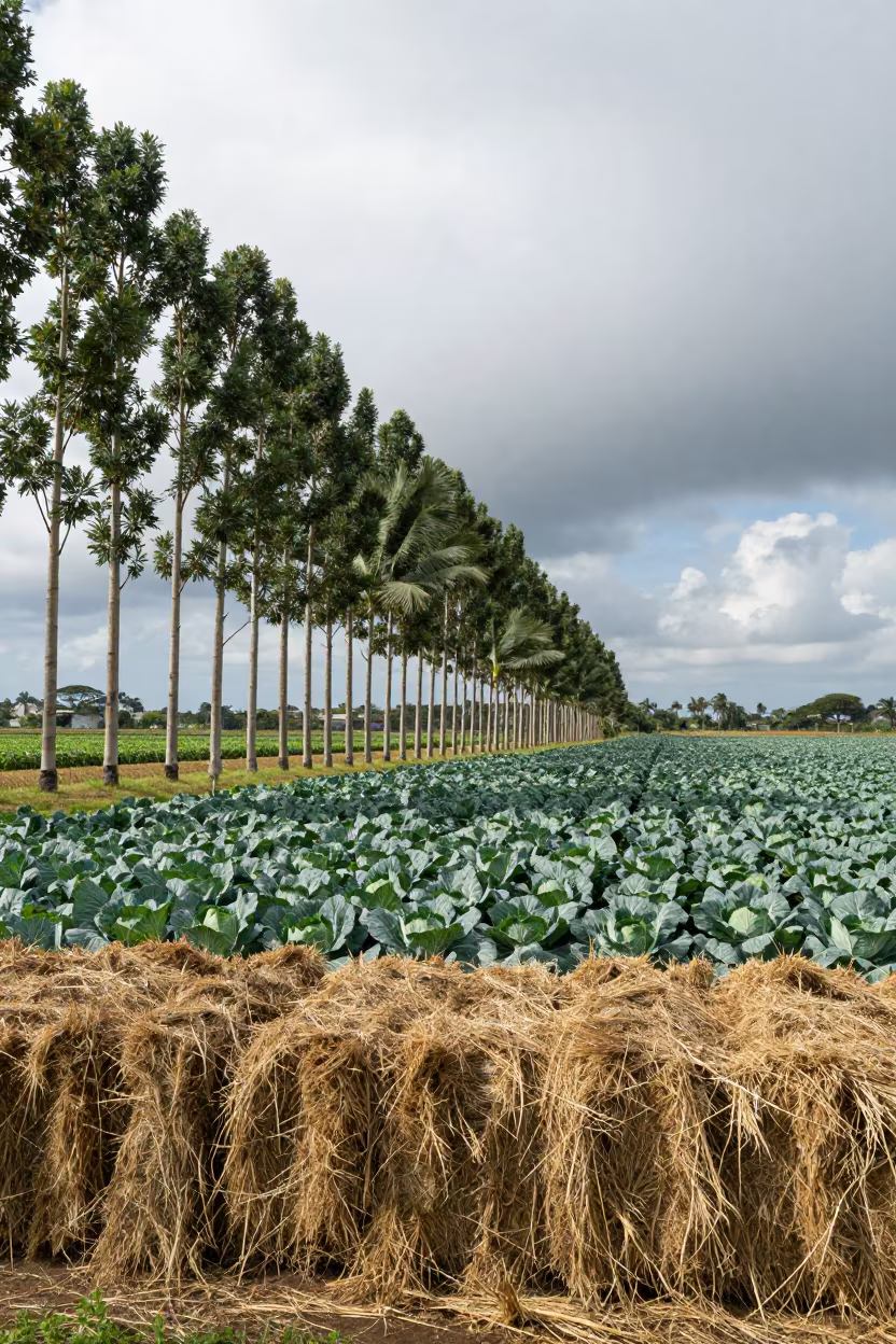 Poplar Windbreak Galapagos Cabbage Field in beside stacked hay bales in Galapagos