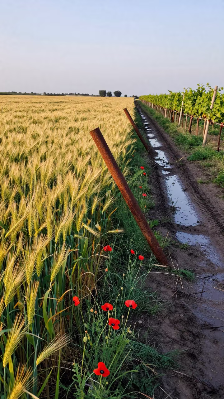 Poppies Along Barley Field Margin Near Astana Vineyards in between vineyard trellises near Astana