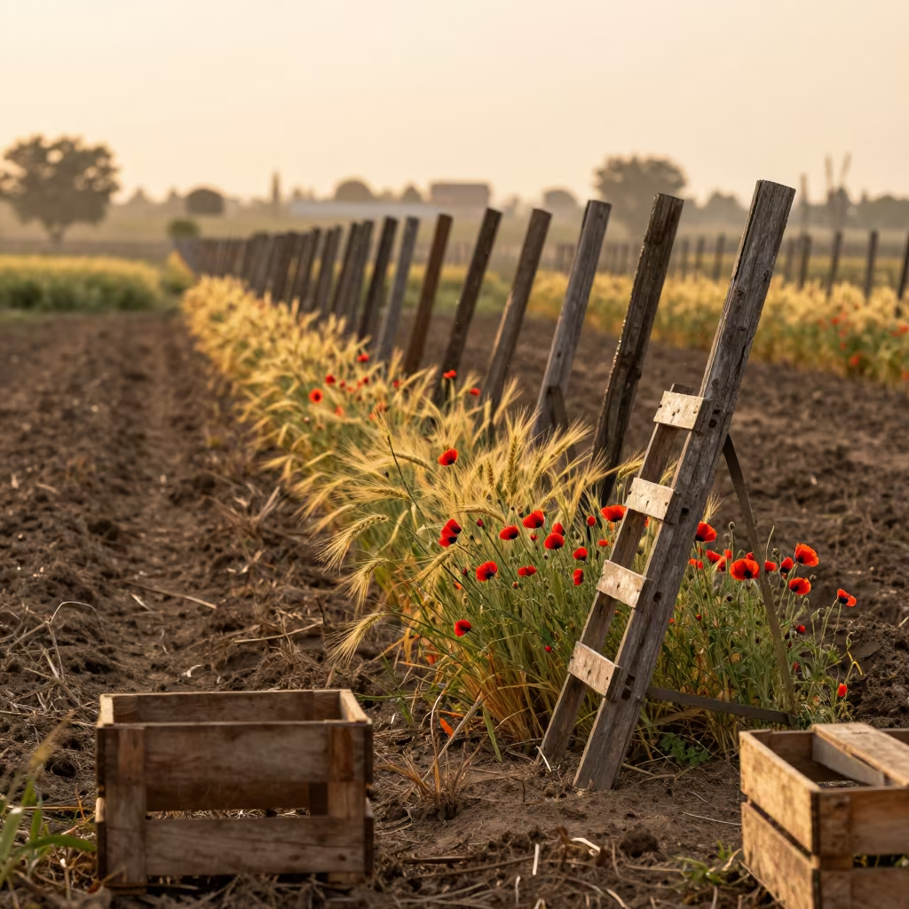 Poppies and Barley Margin in Mirpur Drizzle in among orchard ladders and crates in Mirpur