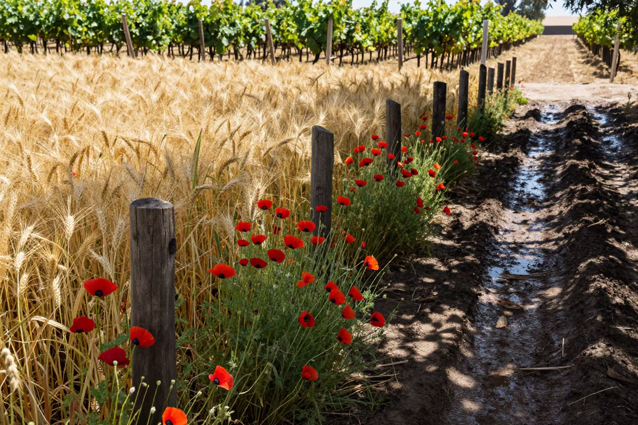 Poppies and Barley Margin in Tijuana Vineyard in between vineyard trellises in Tijuana