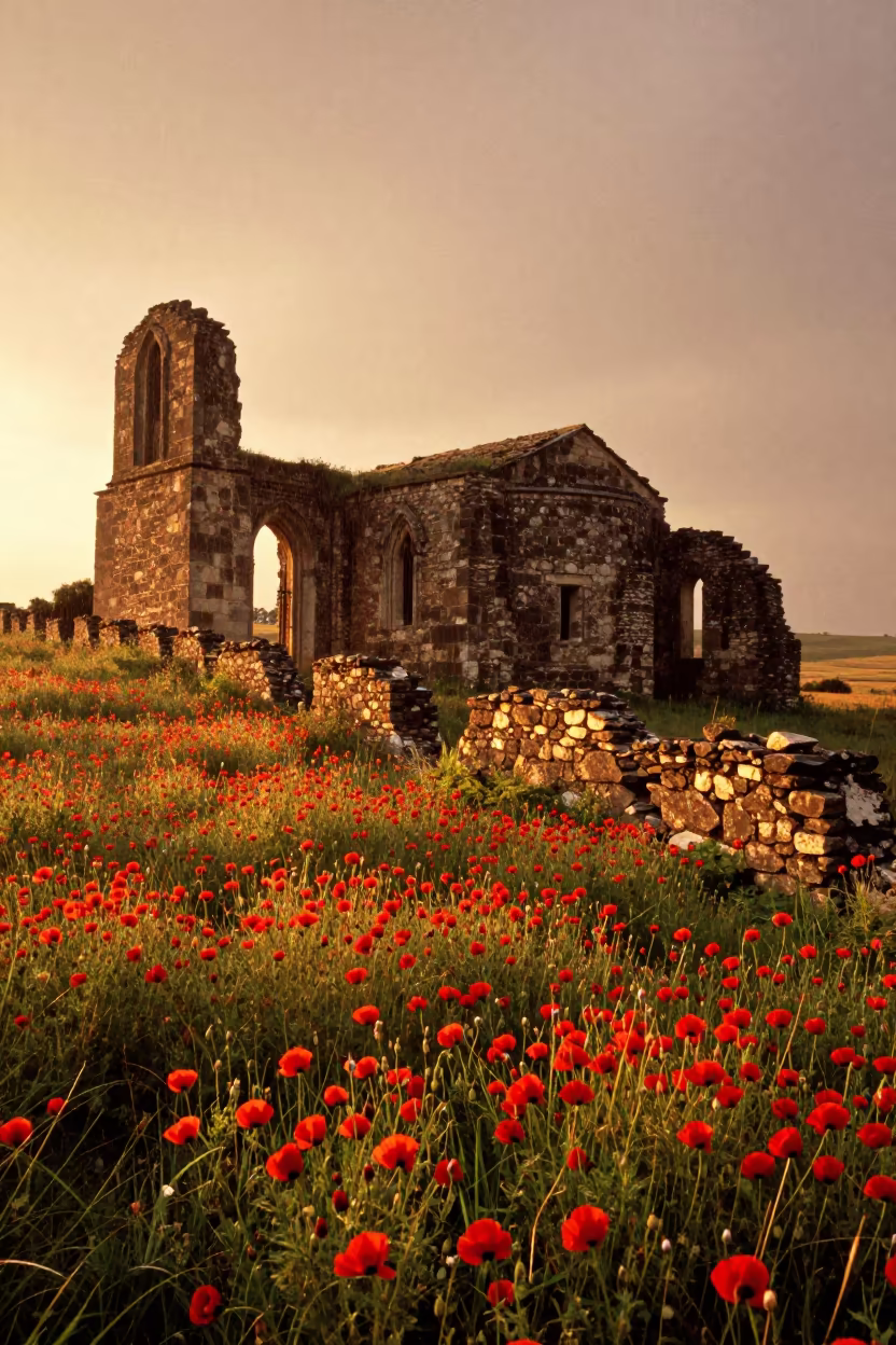 Poppies Bloom on Ruin Gate in Pampas Nave in inside a roofless nave in the Pampas