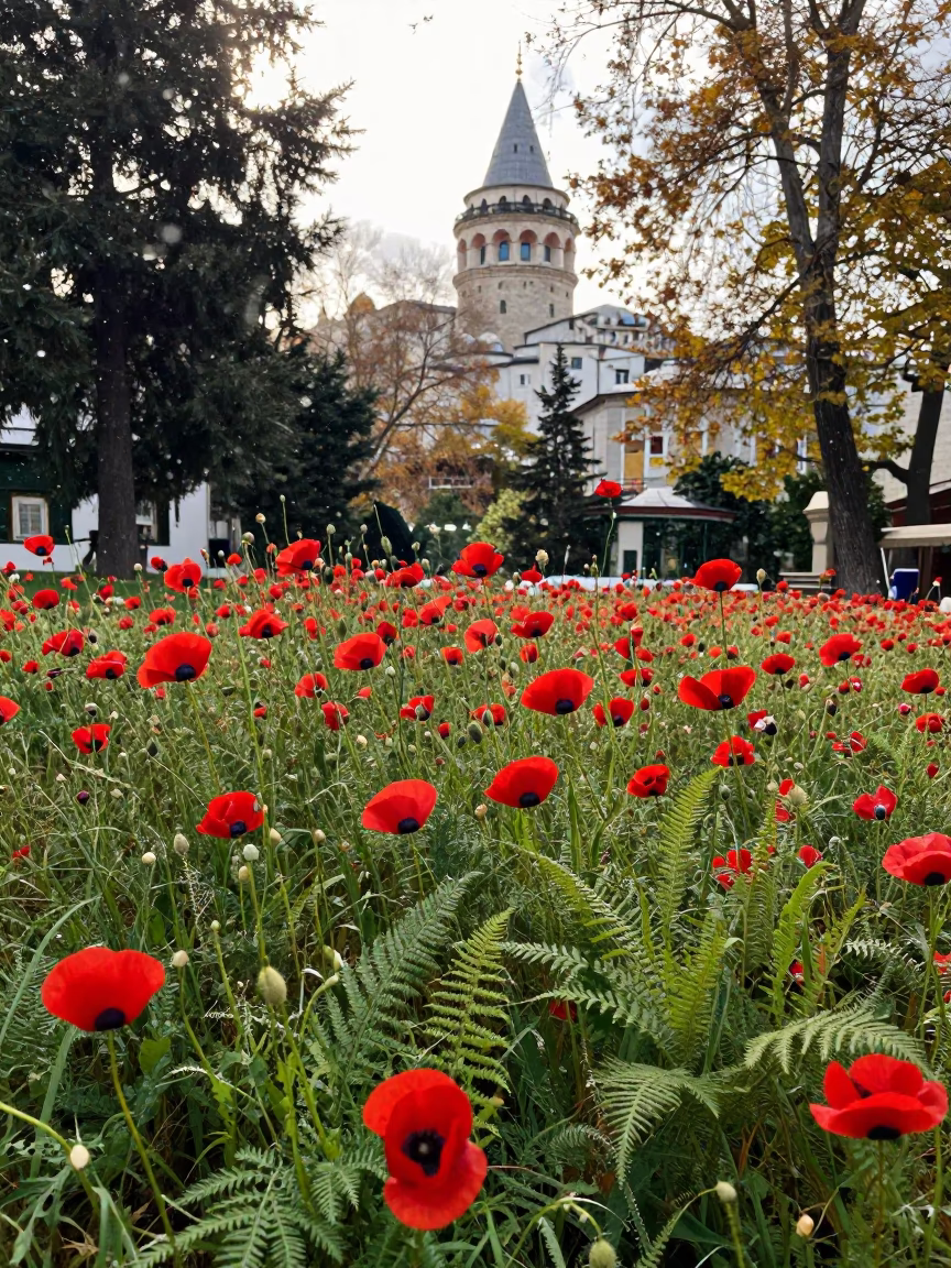 Poppies and Snow in Galata Forest Morning in on a fern-lined forest floor near Galata, Istanbul