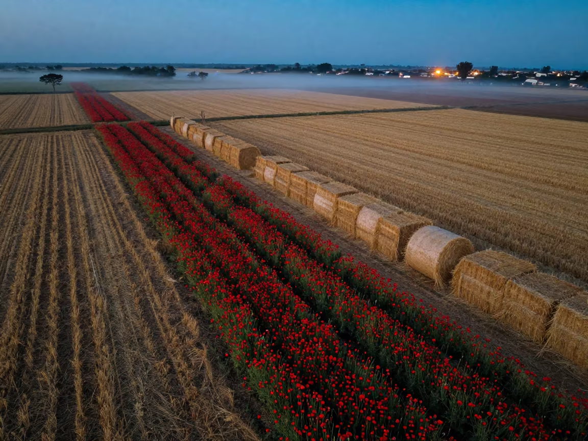 Poppy and Wheat Fields Blue Evening Light in beside stacked hay bales in Tamale