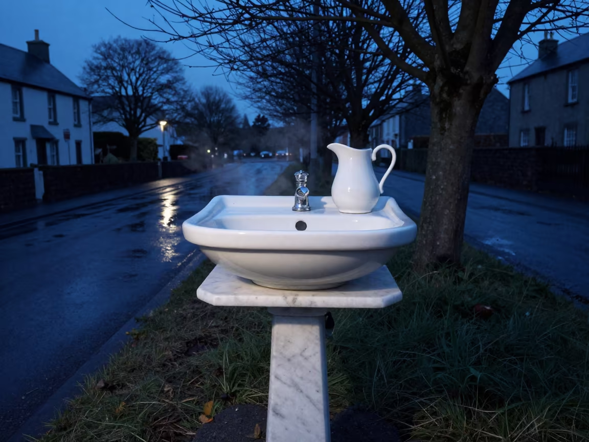 Porcelain Basin in Cork Winter Blue Light in in a village lane near Cork