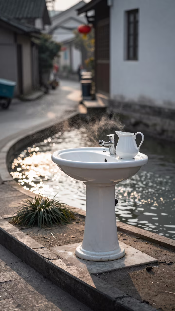 Porcelain Basin on Marble Stand in Chengdu Winter Lane in in a village lane near Chengdu