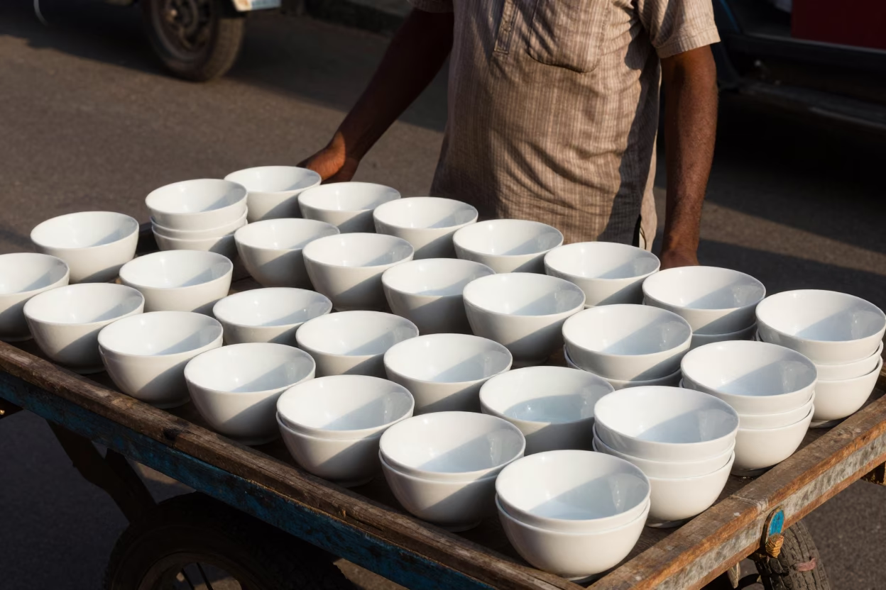Porcelain Bowl in Mumbai at The Early Afternoon Light in in Mumbai, India