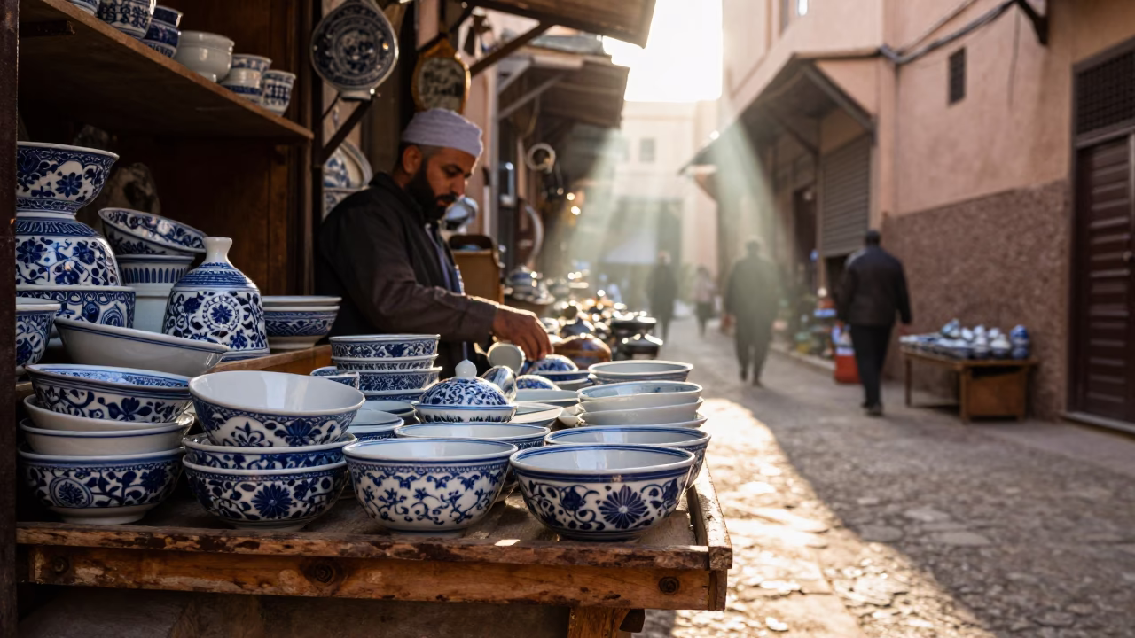 Porcelain Bowls in Marrakech at The Early Morning Light in in Marrakech, Morocco