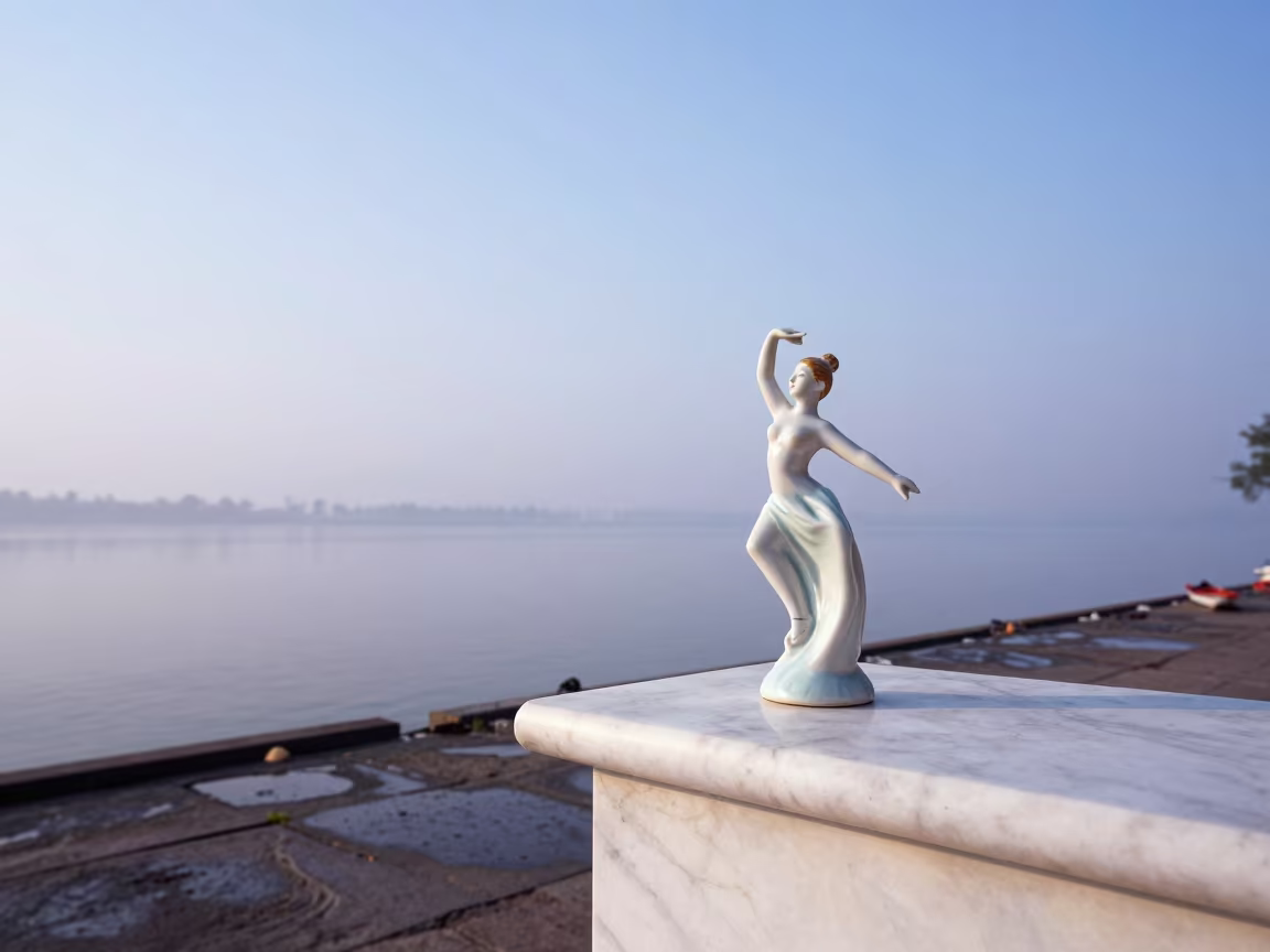 Porcelain Dancer Figurine on Marble Mantel at Dawn in at a harbor edge in Dibrugarh