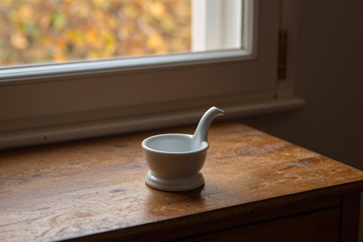 Porcelain Feeder on Rome Bedside Table in on a bedside table in Garbatella, Rome