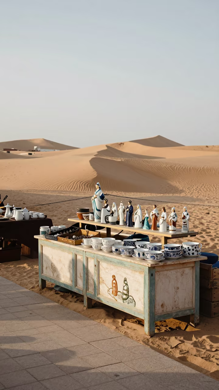 Porcelain Figurines on Sand Dune Floor Salerno in on a painted produce display table in Salerno