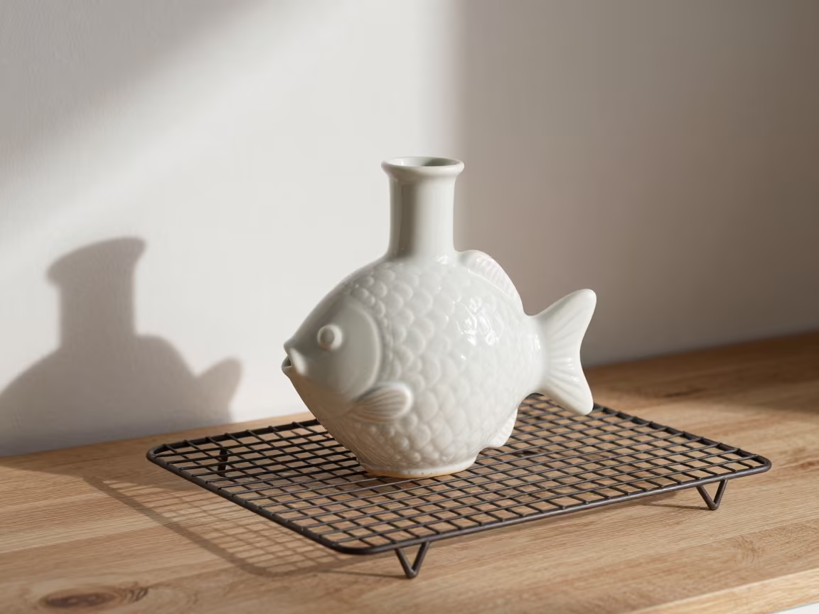 Porcelain Fish Flask on Bakery Rack in on a bakery cooling rack in Satna