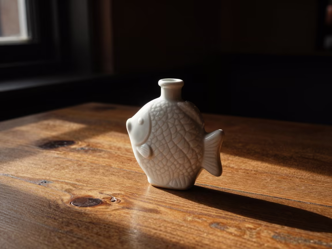 Porcelain Fish Flask on Edinburgh Tavern Shelf in on a rustic wooden table in Grassmarket, Edinburgh