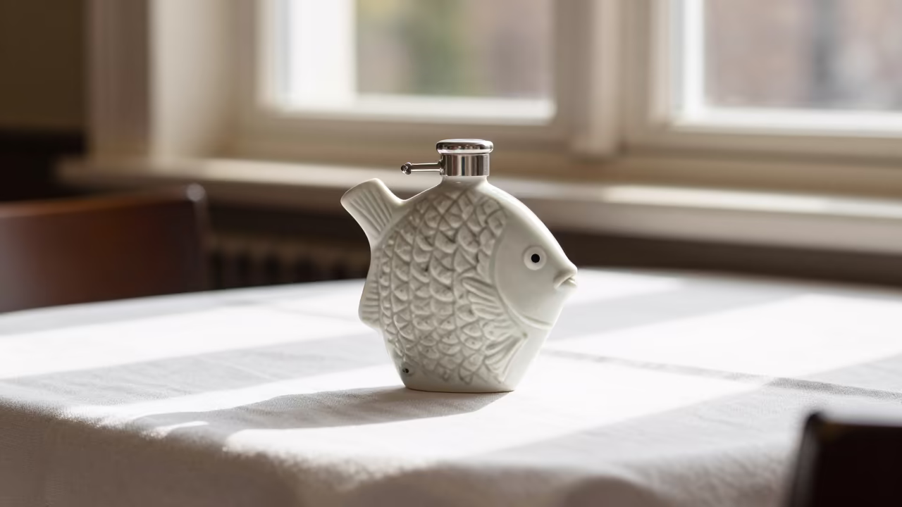 Porcelain Fish Flask on Linen Table in Apeldoorn in on a linen-covered restaurant table in Apeldoorn