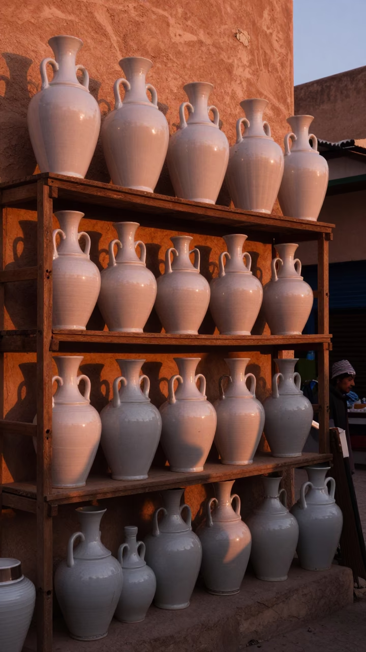 Porcelain Jars in Fez at Copper-toned Light Before Dusk in in Fez, Morocco