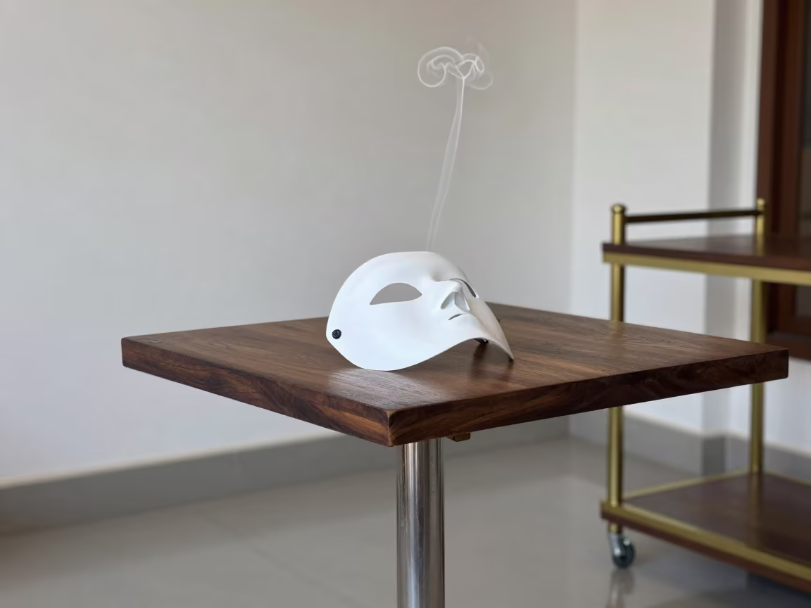 Porcelain Mask Incense Cafe Kochi in on a cafe table by a window in Kochi