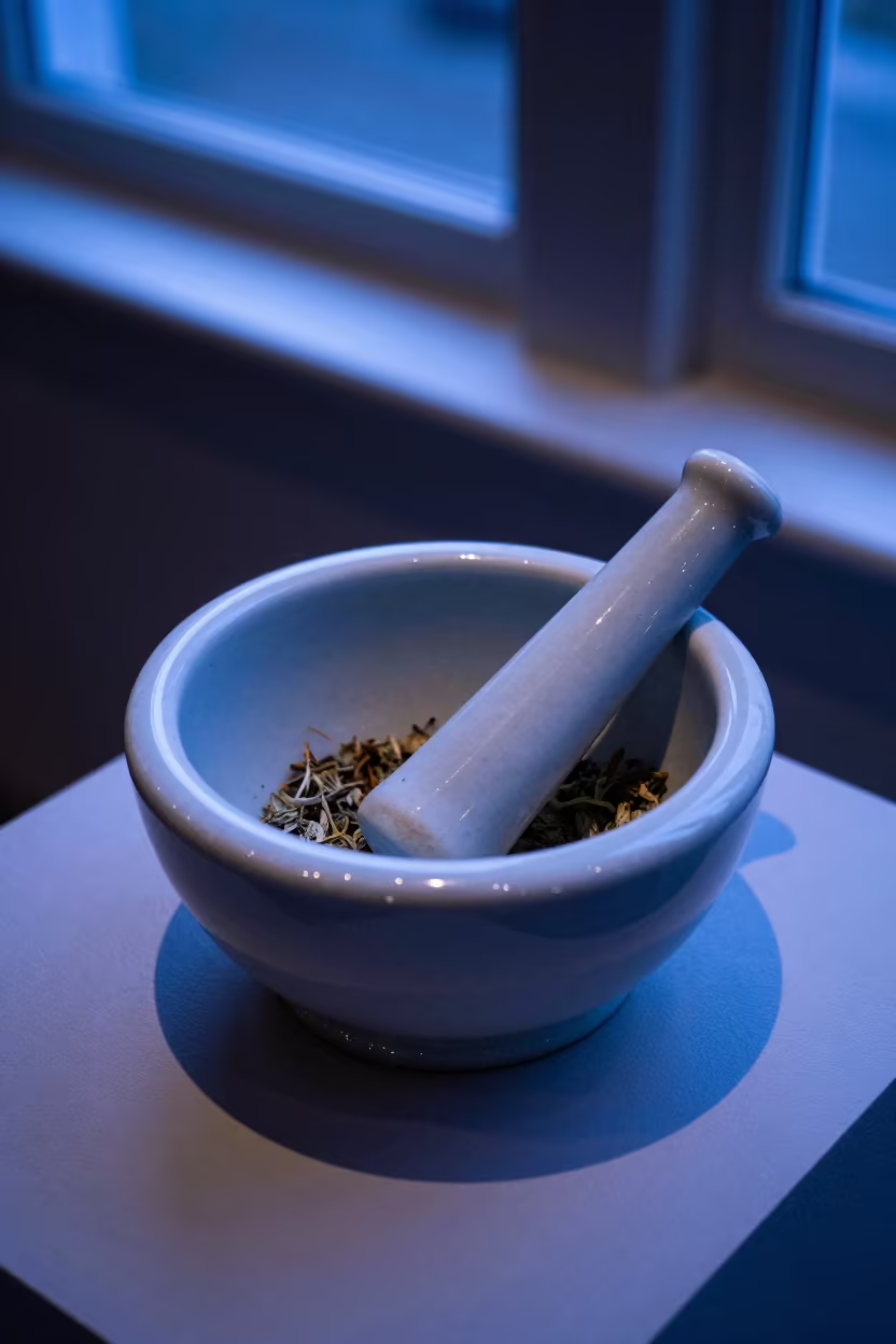 Porcelain Mortar Pestle in Napier Neon Twilight in on a museum plinth in Napier