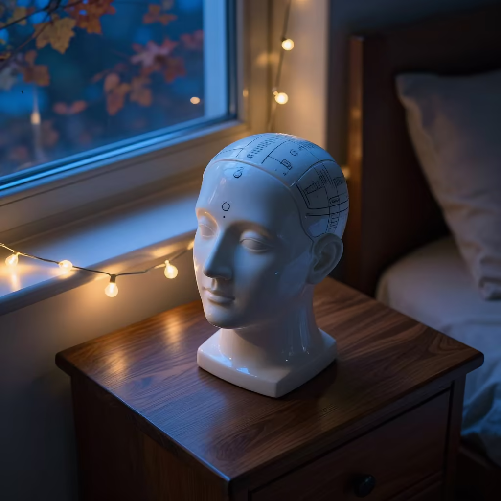 Porcelain Phrenology Head on Bedside Table in on a bedside table in Constantine