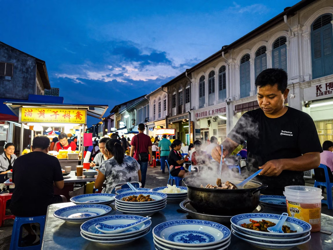 Porcelain Plates in George Town at Indigo Twilight After Sunset in in George Town, Malaysia
