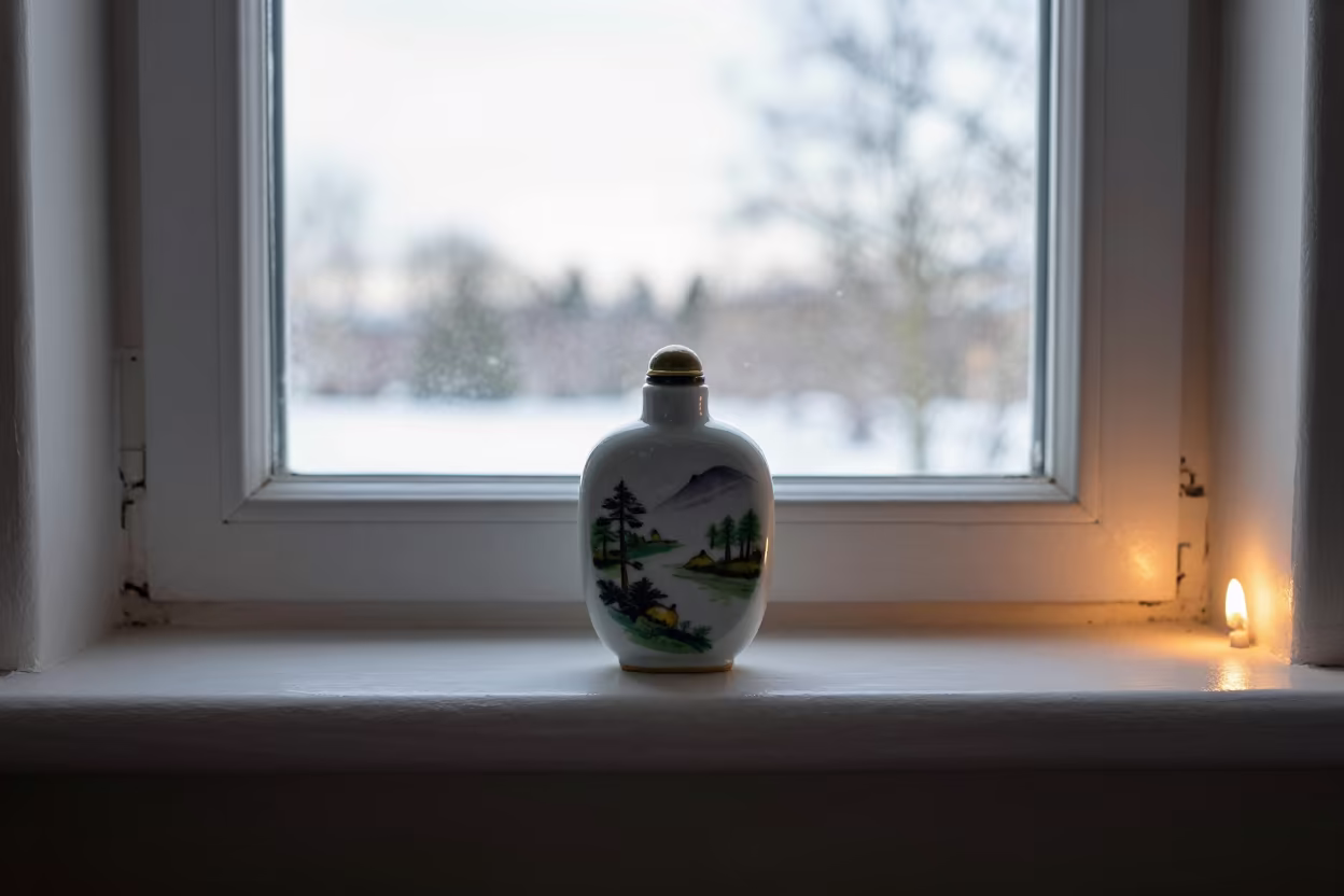 Porcelain Snuff Bottle with Miniature Landscape in on a painted display ledge in Alexandria