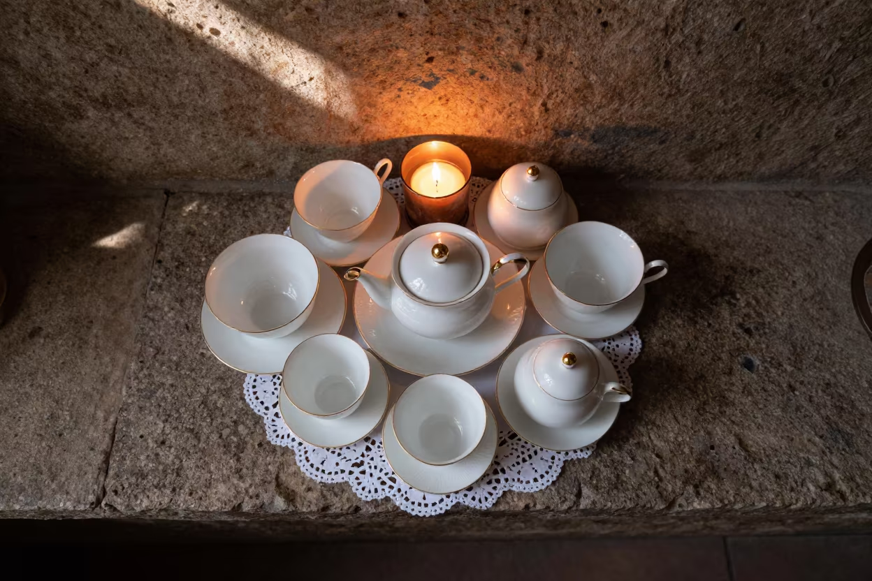 Porcelain Tea Set Gold Trim Annecy in on a stone ledge in Annecy