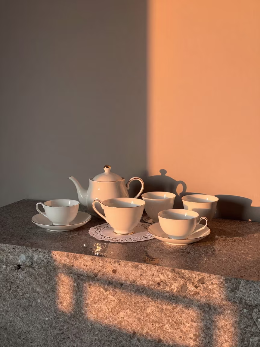 Porcelain Tea Set with Gold Trim on Stone Ledge in on a stone ledge near Linz